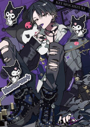  1girl absurdres androgynous artist_name black_hair black_jacket black_nails black_pants briefcase character_name collarbone collared_shirt colored_tongue commentary_request ear_piercing earrings fashion grey_jacket highres holding jacket jewelry knees_up kuromi long_sleeves looking_at_viewer mochizuki_kei nail_polish o-ring off_shoulder official_art onegai_my_melody open_clothes open_jacket open_mouth pants piercing punk purple_background purple_tongue reverse_trap sanrio school_briefcase shirt sitting sketch skull sleeves_past_wrists solo star_(symbol) stuffed_animal stuffed_toy sweater_vest tongue tongue_out torn_clothes torn_pants white_shirt 