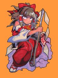  1girl absurdres ascot between_fingers black_eyes bow brown_hair chest_sarashi commentary_request detached_sleeves full_body gohei hair_bow hair_tubes hakama hakama_pants hakurei_reimu highres holding holding_gohei inuyama_konan japanese_clothes ofuda ofuda_between_fingers orange_ascot orange_background pants red_bow red_hakama red_shirt sandals sarashi shirt solo tabi touhou 