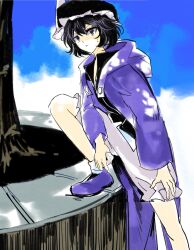  1other :t absurdres androgynous arm_on_thigh bare_legs black_hat black_shirt blue_sky boots buttons chinese_commentary closed_mouth coattails collared_shirt commentary_request day detached_hood english_commentary foot_out_of_frame frilled_headwear frilled_shorts frills grey_shorts hair_between_eyes hand_on_own_leg hat high_collar highres holding holding_rock hood hood_down hooded_jacket jacket len&#039;en long_sleeves looking_at_viewer mixed-language_commentary mob_cap open_clothes open_jacket other_focus outdoors pointy_nose pout purple_boots purple_hair purple_jacket rock shade shirt shitodo_kuroji short_hair shorts sky socks solo sweatdrop tree triangular_headpiece uneven_footing violet_eyes white_socks wide_sleeves yancao_(pixiv_103434280) zipper 