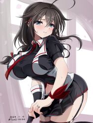  1girl absurdres ahoge alternate_breast_size_(larger) black_gloves black_hair black_shirt black_skirt blue_eyes braid breasts fingerless_gloves gloves hair_flaps hair_over_shoulder highres jewelry kantai_collection large_breasts long_hair necktie pleated_skirt red_necktie ring shigure_(kancolle) shigure_kai_san_(kancolle) shirt short_sleeves single_braid single_glove skirt smile solo toms two-tone_shirt wedding_ring 