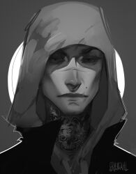  1boy absurdres aegyo_sal backlighting commentary dead_by_daylight frank_morrison greyscale highres hood hood_up looking_at_viewer male_focus monochrome narrowed_eyes neck_tattoo partially_shaded_face portrait scar scar_on_face scar_on_nose serious serpentahl solo straight-on symbol-only_commentary tattoo 