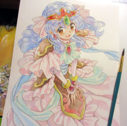  1girl agahari armor art_brush art_tools_in_frame blue_hair blue_shawl bow bowtie bracelet brooch brown_eyes commentary_request cowboy_shot diamond_earrings dress earrings fingerless_gloves frilled_dress frills gloves headpiece jewelry kouryuu_densetsu_villgust leaning_forward long_hair open_mouth paintbrush painting_(medium) photo_(medium) pink_dress pink_gloves princess_alycia shawl shoulder_armor smile solo standing teeth traditional_media upper_teeth_only v_arms white_bow white_bowtie 