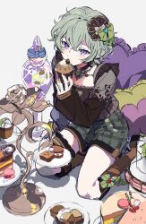  1girl arm_support bad_id bad_twitter_id blush boots bow brown_boots brown_shirt brownie_(food) cake candle_no_kaori_wa_omoide_to_tomo_ni_(project_sekai) candy chocolate covered_mouth cupcake eating food frilled_shirt frilled_sleeves frills green_bow green_hair green_shorts hair_between_eyes hair_bow hair_ornament hand_up heart heart-shaped_chocolate heart-shaped_food heart-shaped_pillow heart_collar highres holding holding_food iwatnc kneeling kusanagi_nene long_sleeves looking_at_viewer macaron official_alternate_costume official_alternate_hair_length official_alternate_hairstyle pastry pillow pink_ribbon plaid_clothes plaid_shorts project_sekai ribbon shirt short_hair shorts sidelocks sitting sleeve_cuffs solo very_short_hair violet_eyes 