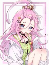  1girl :p ahoge aino_(genshin_impact) bangs_pinned_back blue_eyes blush coat commentary_request dress genshin_impact green_dress hair_between_eyes hair_ornament hairclip halter_dress halterneck heart highres huge_ahoge kuro774_n long_hair long_sleeves looking_at_viewer pink_hair screw_hair_ornament solo tongue tongue_out white_coat x_hair_ornament 