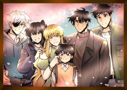  2girls 4boys absurdres areuwuu backpack bag bandage_on_face bandaged_arm bandages bangle black_coat black_eyes black_jacket black_shirt blue_hoodie border bracelet brown_border cheek_pinching cherry_blossoms cherry_tree clothing_cutout coat collared_shirt cowboy_shot dress eyepatch falling_petals green_dress green_eyes green_jacket grin group_picture hair_between_eyes hand_on_another&#039;s_shoulder hands_on_own_hips height_difference high_collar high_ponytail highres hood hoodie jacket jewelry kim_dokja kim_namwoon lee_hyunsung lee_jihye looking_at_viewer multiple_boys multiple_girls oldest_dream omniscient_reader&#039;s_viewpoint petals photo_(object) pinching ponytail scar scar_across_eye scar_on_face shirt short_hair shoulder_cutout sidelocks smile turtleneck uriel_(omniscient_reader&#039;s_viewpoint) vest white_hair white_shirt yellow_vest yoo_joonghyuk yoo_joonghyuk_(999th_turn) 