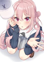  1girl axl11hikari baseball_cap black_jacket blush brown_shoes commentary_request eyelashes eyes_visible_through_hair floating_hair from_above full_body grey_skirt hair_between_eyes hair_bun hands_up harumi_ena hat highres holding holding_unworn_clothes holding_unworn_hat jacket limelight_lemonade_jam long_hair looking_at_viewer miniskirt open_clothes open_jacket open_mouth penguin_print pink_hair pleated_skirt print_shirt red_eyes shirt shoes simple_background single_side_bun skirt sleeves_past_wrists solo squatting unworn_hat unworn_headwear upturned_eyes v very_long_hair white_background white_hat white_shirt 