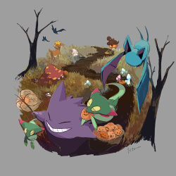  bare_tree bat_(animal) closed_eyes commentary deerling deerling_(autumn) dreepy fangs flying full_body gengar ghost grey_background grin hisuian_zorua holding holding_lantern isutai lantern looking_at_viewer morelull no_humans parasect pokemon pokemon_(creature) pumpkaboo pumpkin simple_background smile standing symbol-only_commentary tree yellow_eyes zubat 