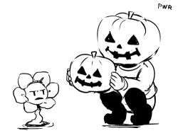1boy 1other 2016 2d ambiguous_gender artist_name digital_media duo flower flowey_(undertale) frisk_(undertale) halloween holding holding_mask horizontal-striped_clothes human lowres male mask monochrome plant powaro02 pumpkin_mask shirt short_hair shorts simple_background sketch squatting striped_clothes striped_shirt undertale utdr_(toby_fox) white_background |_|