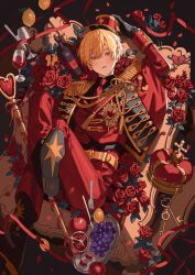  1boy alcohol bishounen black_shirt blonde_hair bottle crown cup drinking_glass epaulettes flower food fruit grapes highres jacket key military_uniform nana_tetra necktie original pants pomegranate red_flower red_jacket red_necktie red_pants red_theme red_wine shirt solo wine wine_bottle wine_glass 