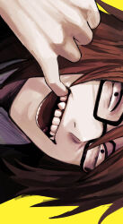  1boy black_eyes brown_hair close-up commentary_request fangs finger_in_own_mouth glasses hand_up highres looking_at_viewer male_focus mouth_pull nil_(pixiv_53614557) randal&#039;s_friends randal_ivory short_hair sideways simple_background solo yellow_background 