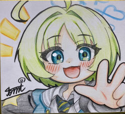  1girl absurdres ahoge blue_archive blush commentary_request green_hair highres looking_at_viewer necktie ritsu_(blue_archive) shikishi solo tomimon traditional_media 