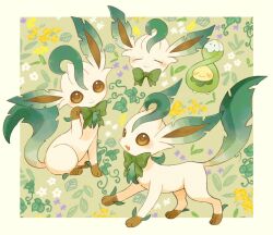  arm_up border bow bowtie brown_eyes budew closed_eyes closed_mouth green_bow green_bowtie highres leaf leafeon no_humans open_mouth plant pokemon pokemon_(creature) pokemon_focus smile vines white_border ytkmrs 
