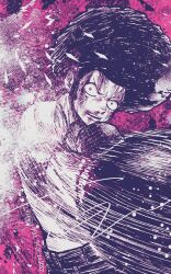  1boy afro blood blood_on_face boxing_gloves commentary_request dated highres looking_at_viewer male_focus monkey_d._luffy monochrome one_piece punching scar scar_on_face sideburns solo tagawa_jiro topless_male twitter_username 