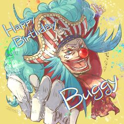 1boy ascot blue_eyes blue_hair buggy_the_clown character_name dated gloves happy_birthday hat long_hair looking_at_viewer makeup male_focus ohthekin one_piece open_mouth pirate_hat red_ascot red_lips red_nose solo twitter_username white_gloves yellow_background 