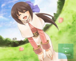  1girl :3 :d acolyte_(ragnarok_online) blue_sky blush bow brown_hair capelet celestial_s closed_eyes commentary_request day fisheye hair_bow leaning_forward long_hair long_sleeves lowres milestone_celebration open_mouth outdoors pink_shirt poring purple_bow ragnarok_online shirt skirt sky slime_(creature) smile solo tree white_capelet white_skirt 