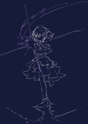  1girl closed_eyes commentary_request from_side fukumaru_koito full_body highres idolmaster idolmaster_shiny_colors layered_skirt limited_palette medium_skirt monochrome negative own_hands_clasped own_hands_together puddle senda_nara short_hair skirt solo sparkle twintails 