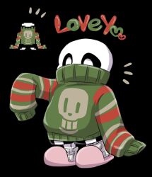  1boy 2022 2d black_background black_shorts christmas christmas_sweater covered_mouth cute digital_media green_sweater highres humanoid long_sleeves male male_focus male_only monster monster_boy notice_lines official_art_inset oversized_clothes pink_slippers pixel_art_inset reference_inset sans_(undertale) shorts simple_background single_vertical_stripe skeleton slippers socks solo standing striped_clothes striped_shorts sweater text undead undertale utdr_(toby_fox) white_socks white_stripes yoha_11 