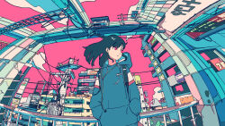  1girl akabane_1999 album_cover backpack bag billboard black_hair building cable city cityscape cover drawstring earphones earphones fisheye flat_color hands_in_pocket hands_in_pockets highres hood hood_down hoodie ligne_claire long_sleeves looking_to_the_side original outdoors pink_background pink_eyes pink_sky power_lines red_sky road scenery sign sky solo standing street train_station utility_pole window 