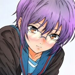 1girl black_cardigan blue_sailor_collar brown_eyes cardigan closed_mouth commentary_request glasses highres isuke_(isuke_now) kita_high_school_uniform nagato_yuki portrait purple_hair sailor_collar school_uniform serafuku short_hair simple_background solo suzumiya_haruhi_no_shoushitsu suzumiya_haruhi_no_yuuutsu white_background winter_uniform 