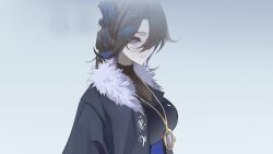  1girl absurdres alternate_costume black_hair black_horns black_robe blue_hair closed_mouth fur-trimmed_robe fur_trim hair_over_one_eye highres hololive hololive_english horns jewelry long_hair multicolored_hair necklace nerissa_ravencroft robe solo thekaiyip two-tone_hair violet_eyes virtual_youtuber 