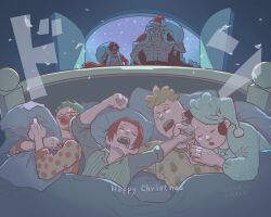  6+boys aged_down blonde_hair buggy_the_clown closed_eyes commentary_request dated edward_newgate facial_hair gol_d._roger hat holding holding_sack jozu_(one_piece) long_hair male_focus marco_(one_piece) merry_christmas multiple_boys mustache ohthekin one_piece red_nose sack santa_costume santa_hat shanks_(one_piece) short_hair smile twitter_username 
