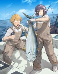  1boy 1girl absurdres animal chainsaw_man day denji_(chainsaw_man) fish fishing_line fishing_rod flower green_eyes grey_overalls hair_between_eyes hair_flower hair_ornament highres holding holding_animal holding_fish holding_phone mon_(icebuko) ocean outdoors overalls phone purple_hair reze_(chainsaw_man) shark_fin sharp_teeth shirt sky teeth white_flower white_shirt 