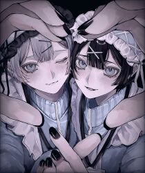  2boys apron black_background black_hair black_nails blue_jacket center-flap_bangs closed_mouth commentary crossdressing crossdressing_(mtf) finger_heart frilled_headwear from_above grey_eyes grey_hair hair_between_eyes hair_ornament hairclip headdress heart heart_hands heart_hands_duo highres jacket jersey_maid looking_at_viewer maid maid_apron multiple_boys multiple_girls one_eye_closed open_mouth original portrait smile unconventional_maid x_hair_ornament yuhiyo 