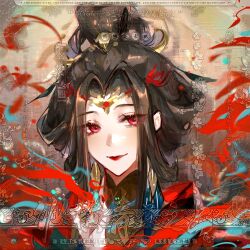  1girl black_shirt brown_background cheng_yun chinese_clothes circlet curtained_hair earrings fire gold_earrings hair_bun hair_rings hand_up hanfu highres hua_yi_shanxin_zhiyue jewelry lipstick looking_at_viewer luludeer386 makeup mandarin_collar parted_bangs portrait red_eyes red_hanfu red_lips red_nails shirt sidelocks sidelocks_tied_back single_hair_bun smile solo too_many_watermarks watermark 