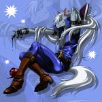  arm_up blue_background blue_eyes book boots long_hair male pants precure sitting smile smile_precure! solo tail wauwa werewolf white_hair wolf_tail wolfrun zoom_layer 