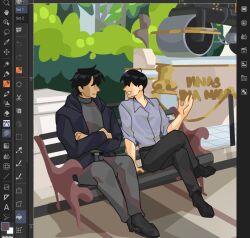  2boys areuwuu art_program_in_frame belt bench black_hair black_jacket bush collared_shirt crossed_arms crossed_legs facing_another full_body grey_shirt hand_up highres hood hood_down jacket kim_dokja multiple_boys no_eyes omniscient_reader&#039;s_viewpoint podium screenshot shirt short_hair sitting sleeves_rolled_up stanchion yoo_joonghyuk 