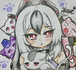  1girl absurdres black_hair blue_archive cat commentary_request highres kayoko_(blue_archive) red_eyes shikishi tomimon traditional_media 