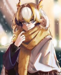  1girl absurdres arknights blonde_hair blue_hair dragon_girl dragon_horns eastern_dragon_horns gradient_hair green_eyes hair_between_eyes hair_intakes highres horns ksloweii long_hair long_sleeves looking_at_viewer multicolored_hair pointy_ears scarf shu_(arknights) solo very_long_hair white_hair wide_sleeves yellow_scarf 