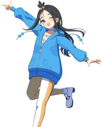  1girl ;d black_hair blue_hoodie bracelet choker commentary_request cube_hair_ornament eyelashes garaudon grey_eyes hair_ornament happy highres hood hood_down hoodie jewelry leg_up leggings lida_(pokemon) long_hair long_sleeves one_eye_closed open_mouth pokemon pokemon_legends:_z-a print_shirt shirt shoes simple_background smile socks solo topknot white_background white_shoes white_socks 