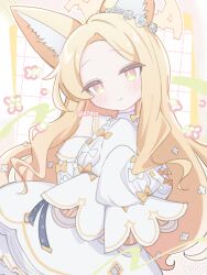  1girl animal_ear_fluff animal_ears anzen_robo_(474zz) blonde_hair blue_archive blush capelet closed_mouth commentary_request dress flower forehead fox_ears fox_girl gold_trim hair_flower hair_ornament halo long_hair long_sleeves looking_at_viewer pink_eyes seia_(blue_archive) sleeves_past_wrists smile solo twitter_username very_long_hair white_capelet white_dress yellow_halo 