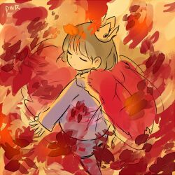 1other 2016 2d ambiguous_gender artist_name blue_shirt blue_shorts brown_hair cape child crown digital_media double_horizontal_stripe frisk_(undertale) horizontal-striped_clothes human leaf lowres orange_background pink_stripes powaro02 red_cape shirt short_hair shorts simple_background striped_clothes striped_shirt two-tone_shirt undertale utdr_(toby_fox)