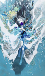  1girl absurdres arrow_(projectile) barefoot black_hair blue_kimono blue_theme closed_eyes commentary_request flower hamaya highres japanese_clothes kimono long_hair miko original pale_skin shiguretau solo traditional_media water waves 