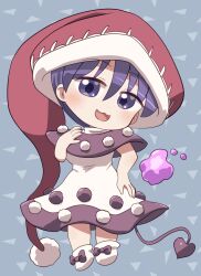  1girl :3 :d blue_background blush bow bow_legwear chibi chibi_only commentary_request doremy_sweet dream_soul dress full_body hand_up hat highres looking_at_viewer nightcap open_mouth pom_pom_(clothes) purple_bow purple_dress purple_hair red_hat rokugou_daisuke short_hair short_sleeves signature smile socks solo standing tail touhou two-tone_dress violet_eyes white_dress white_socks 