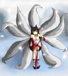  ahri animal_ears black_hair breasts brown_eyes cleavage detached_sleeves facial_mark fox_ears fox_tail hair_in_mouth heart highres league_of_legends leaning_forward long_hair multiple_tails shimo_hane smile solo tail very_long_hair 
