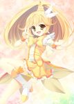  bike_shorts blonde_hair boots bowtie cure_peace dress kise_yayoi long_hair magical_girl naruse_mamoru orange_background precure shorts_under_skirt skirt smile smile_precure! solo v yellow yellow_dress yellow_eyes 