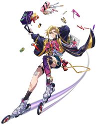  1girl absurdres arm_behind_head bag bandage_on_knee bandaid bandaid_on_leg black_collar black_leotard black_socks blonde_hair blue_bag blue_jacket blue_shorts breasts caroline_(langrisser) collar controller cropped_shirt curtained_hair dog_tags dynamic_pose eraser fishnet_leotard fishnets floating floating_clothes floating_object full_body game_cg game_controller glaring gradient_thighhighs highres holding_strap inline_skates jacket langrisser langrisser_mobile leotard long_bangs looking_at_viewer medium_breasts mesh midriff motion_lines o-ring o-ring_thigh_strap official_alternate_costume official_art open_clothes open_jacket outstretched_hand oversized_jacket parted_bangs parted_lips pen pencil pencil_case pink_shirt purple_thighhighs roller_skates scowl second-party_source shirt shoes short_hair short_shorts shorts shoulder_bag shutter_shades simple_background single_thighhigh skates skating socks solo speed_lines spiked_collar spikes standing streetwear tachi-e thigh-highs thigh_strap transparent_background transparent_bag two-sided_fabric two-sided_jacket unworn_eyewear unzipped unzipped_bag wheel white_shoes yellow_eyes yellow_jacket zettai_ryouiki zipper 