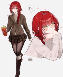  1girl absurdres blush boots braid braided_ponytail brown_boots brown_jacket brown_pantyhose brown_skirt buttons chainsaw_man closed_mouth commentary drink drinking_straw english_commentary heart highres holding holding_drink image_in_speech_bubble jacket knee_boots kneehighs layered_clothes layered_legwear long_hair looking_at_viewer looking_to_the_side love_letter makima_(chainsaw_man) miniskirt multiple_views noodychaan pantyhose parted_lips plaid_clothes plaid_skirt pochita_(chainsaw_man) red_hair ringed_eyes simple_background skirt socks sparkle sweater turtleneck turtleneck_sweater twitter_username walking white_background yellow_eyes 