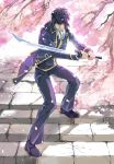  black_hair cherry_blossoms cigarette fighting_stance gintama hijikata_toushirou holding male mars0317 petals solo stairs sword uniform weapon wind 