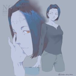  1girl black_hair breasts evil_smile highres itadori_kaori jujutsu_kaisen kenjaku koha_dasuima mature_female medium_breasts orange_eyes pale_skin short_hair signature smile solo stitched_forehead watermark 