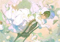  1girl black_hair bonnet chair closed_eyes cup curtains dress floating flower highres holding holding_cup lace lingcod_dayu long_dress mushroom original plate see-through_curtains spoon teacup white_bonnet white_dress window yellow_flower 