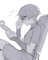  1boy ? ?? adjusting_eyewear armor bespectacled blunt_ends bodysuit chair clipboard cnorkie crossed_legs from_side genshin_impact glasses greyscale hands_up highres holding holding_clipboard japanese_armor jewelry kote male_focus monochrome neck_ring profile sash scaramouche_(genshin_impact) semi-rimless_eyewear short_sleeves shorts sitting sketch solo turtleneck turtleneck_bodysuit white_background wispy_bangs 