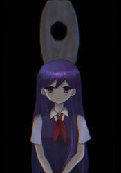  1girl black_background blush closed_mouth collared_shirt double-parted_bangs highres long_hair mari_(headspace)_(omori) mari_(omori) neckerchief omori purple_hair red_neckerchief revision shirt short_sleeves solo something_(omori) spoilers true_erg upper_body violet_eyes white_shirt 
