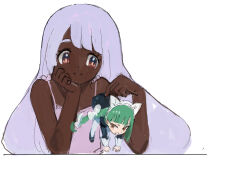  2girls absurdres alternate_costume apron bare_shoulders black_romper blush braid braided_ponytail brown_eyes camisole clenched_teeth dark-skinned_female dark_skin frown green_hair hand_on_own_chin head_on_hand head_rest highres holding holding_mini_person jacinthe_(pokemon) juliet_sleeves lebanne_(pokemon) long_hair long_sleeves looking_at_another low_drills maid maid_apron maid_headdress master_and_servant mimikku_(t87s1nbrou76962) mini_person minigirl multiple_girls pokemon pokemon_legends:_z-a puffy_sleeves purple_hair romper smile teeth very_dark_skin very_long_hair violet_eyes 