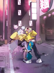  2girls absurdres black_hair blonde_hair blue_hair canari_(pokemon) commentary_request fighting glassy0302 highres iono_(pokemon) long_hair multicolored_hair multiple_girls pink_hair pokemon short_twintails split-color_hair twintails 