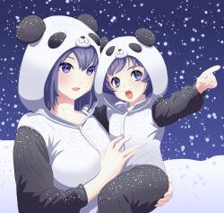  2girls animal_costume animal_ears animal_hood azuracub carrying carrying_person child child_carry hair_ornament highres holding hood hood_up hooded_pajamas indie_virtual_youtuber looking_at_viewer mattwilliamson9 mother_and_child multiple_girls onesie outdoors pajamas panda panda_costume panda_ears panda_hair_ornament panda_hood pointing purple_hair smile snow snowing twintails violet_eyes virtual_youtuber winter 