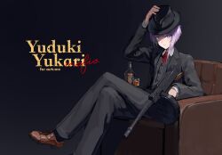  1girl absurdres akayudofu alcohol alternate_costume armchair black_background black_jacket black_pants black_suit black_vest bottle bullpup chair character_name closed_mouth collared_shirt commentary copyright_name couch crossed_legs cup drinking_glass english_text expressionless fedora formal_clothes grey_vest gun hand_on_headwear hat highres holding holding_gun holding_weapon jacket long_sleeves looking_at_viewer mafia necktie open_clothes pants purple_hair red_necktie shirt shoes short_hair sitting solo striped_clothes striped_vest submachine_gun suit suit_jacket thompson_submachine_gun vest violet_eyes voiceroid waistcoat weapon whiskey white_shirt yuzuki_yukari 